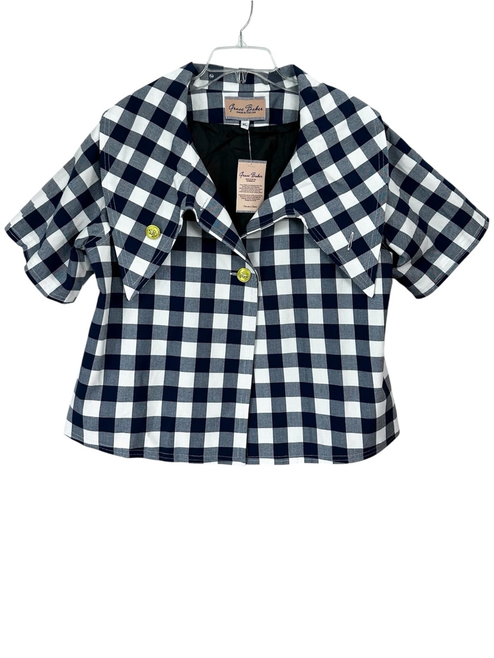 NWT Grace Baker Jacket Gingham Checkered Blue White Short Sleeve Size XL *Flaw